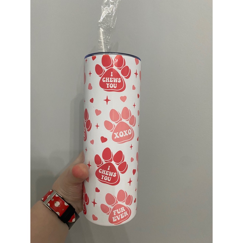 Tumbler Unisex OS White Red Paw Print I Woof You Love Bites Skinny Travel Mug - Picture 2 of 6